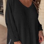 Black Waffle Knit Side Slits Loose Fit V Neck Top