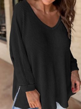 Black Waffle Knit Side Slits Loose Fit V Neck Top