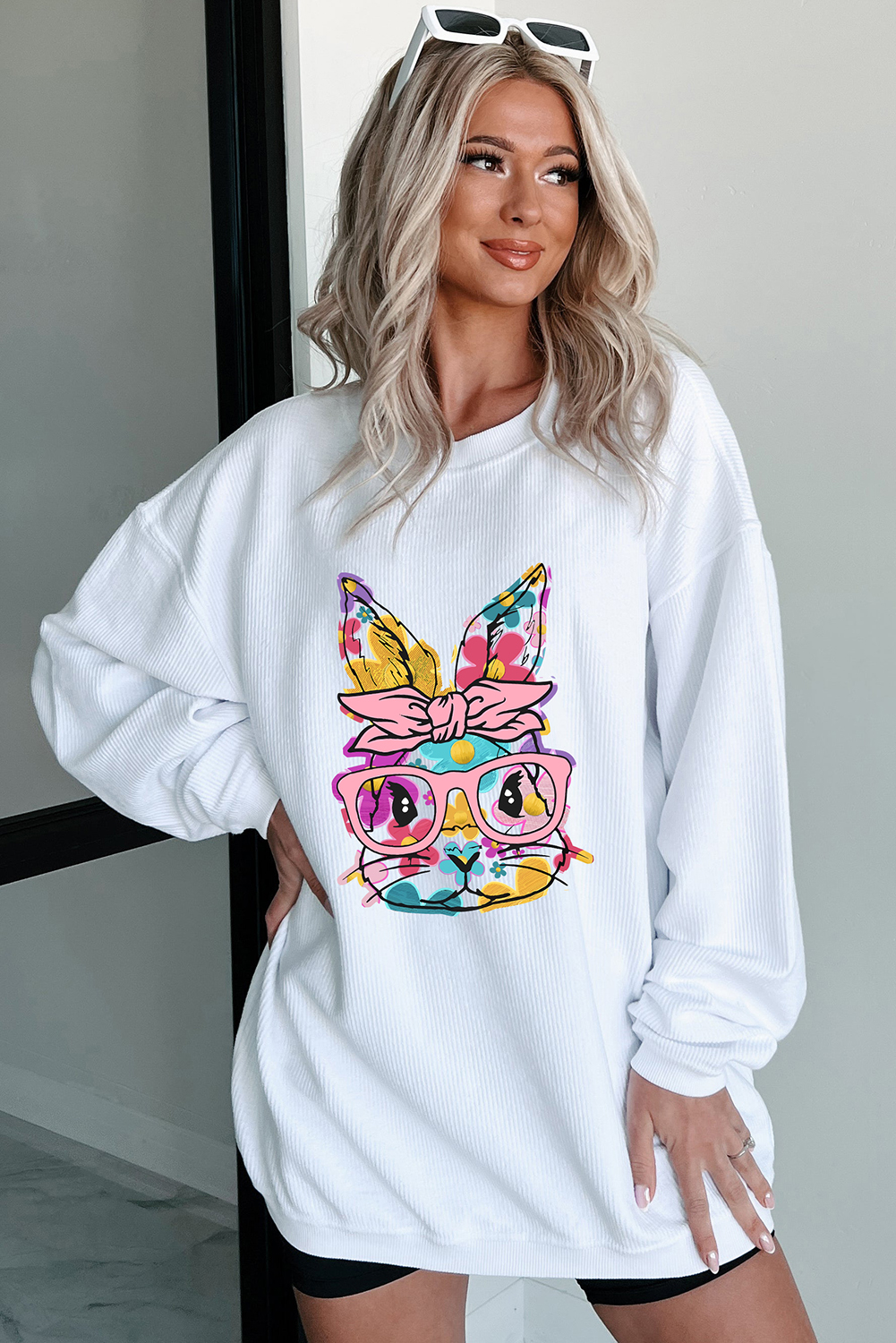 White Floral Rabbit with Glasses Graphic Corded Easter Sweatshirt - Image 3