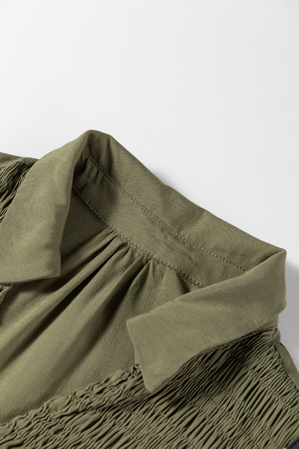 Four Leaf Clover Collared V Neck Smocked Detail Contrast Leopard Trim Bracelet Sleeve Long Dress - Image 6