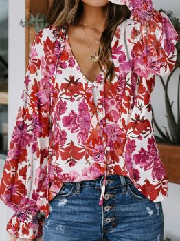 Rose Cakewalk Floral Smocked Billowy Sleeves Blouse