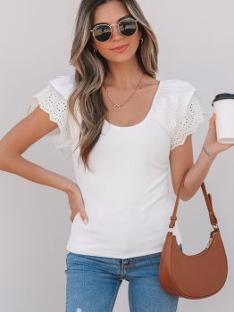 White Eyelet Ruffle Sleeve Slim Fitted Top