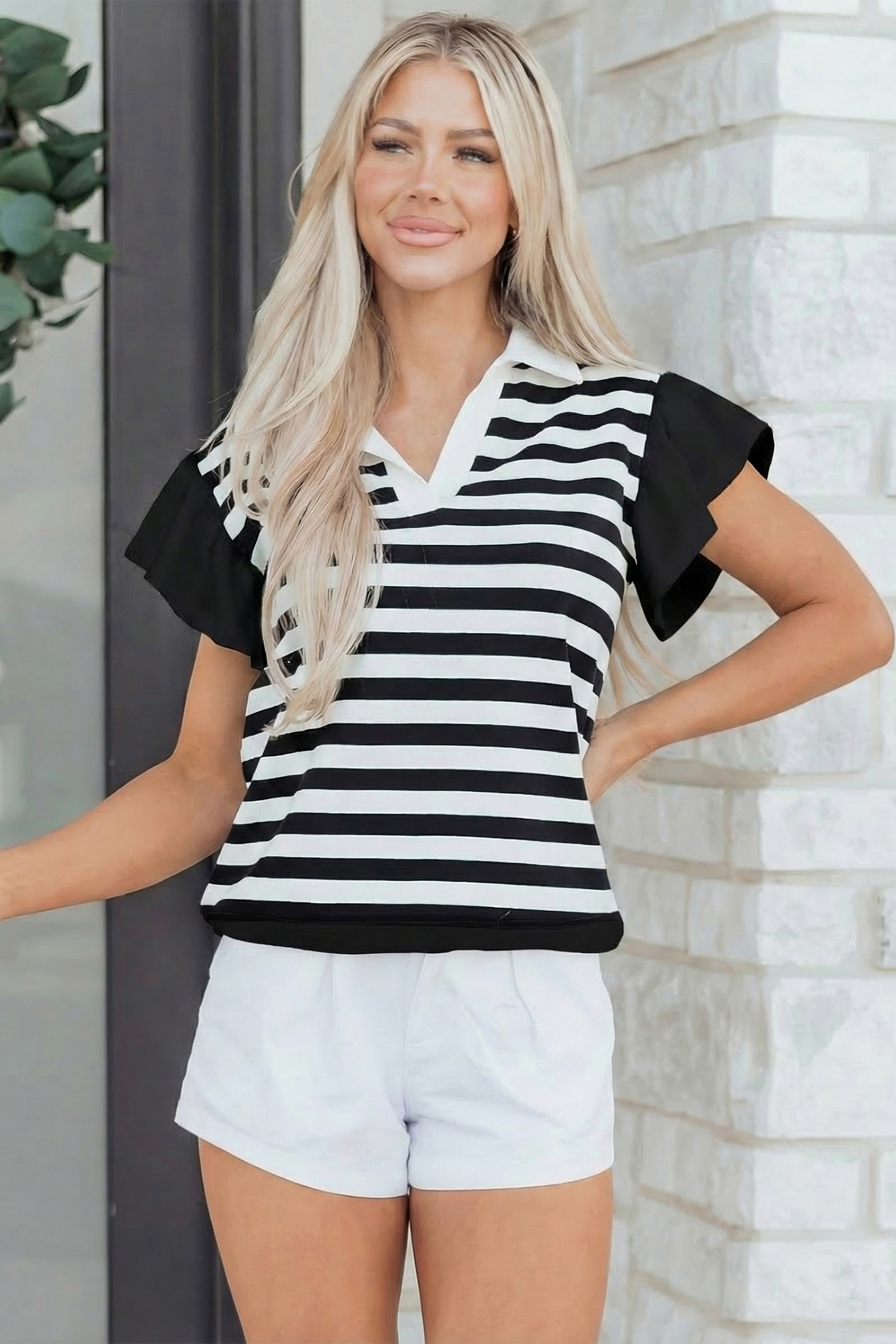 Black Stripe Collar V Neck Ruffled Short Sleeve Blouse - Image 4