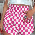 Rose Checkered Print High Waist Casual Shorts