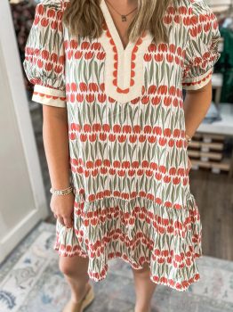 White Tulip Floral Print Cotton Puff Short Sleeve Mini Dress