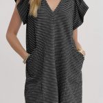 Black Stripe Textured Knit V Neck Flutter Sleeve Shift Mini Dress