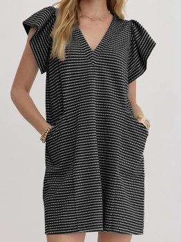 Black Stripe Textured Knit V Neck Flutter Sleeve Shift Mini Dress