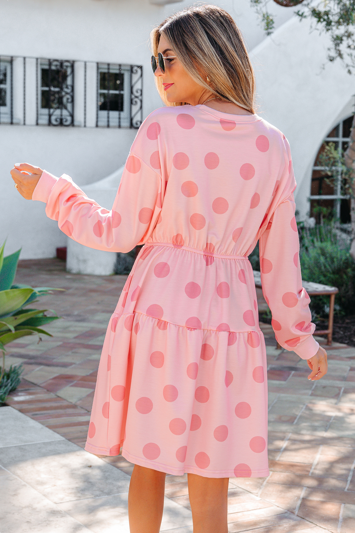 Pink Polka Dot Printed Long Sleeve Flared Mini Dress - Image 2