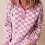 Pink Checkered Buttons Collar V Neck Drop Shoulder Sweater