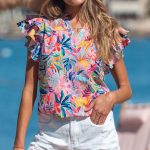 Pink Tropical Floral Print Frilly Notched Neck Ruffled Short Sleeve Blouse