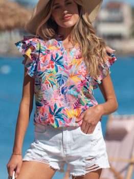 Pink Tropical Floral Print Frilly Notched Neck Ruffled Short Sleeve Blouse