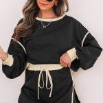 Black Color Contrast Loose Pullover and Lace-up Waist Skort Set
