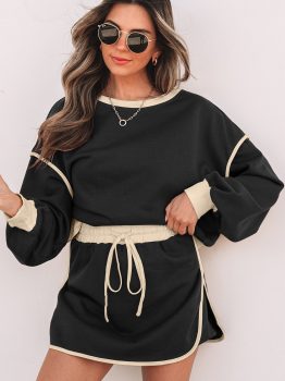 Black Color Contrast Loose Pullover and Lace-up Waist Skort Set