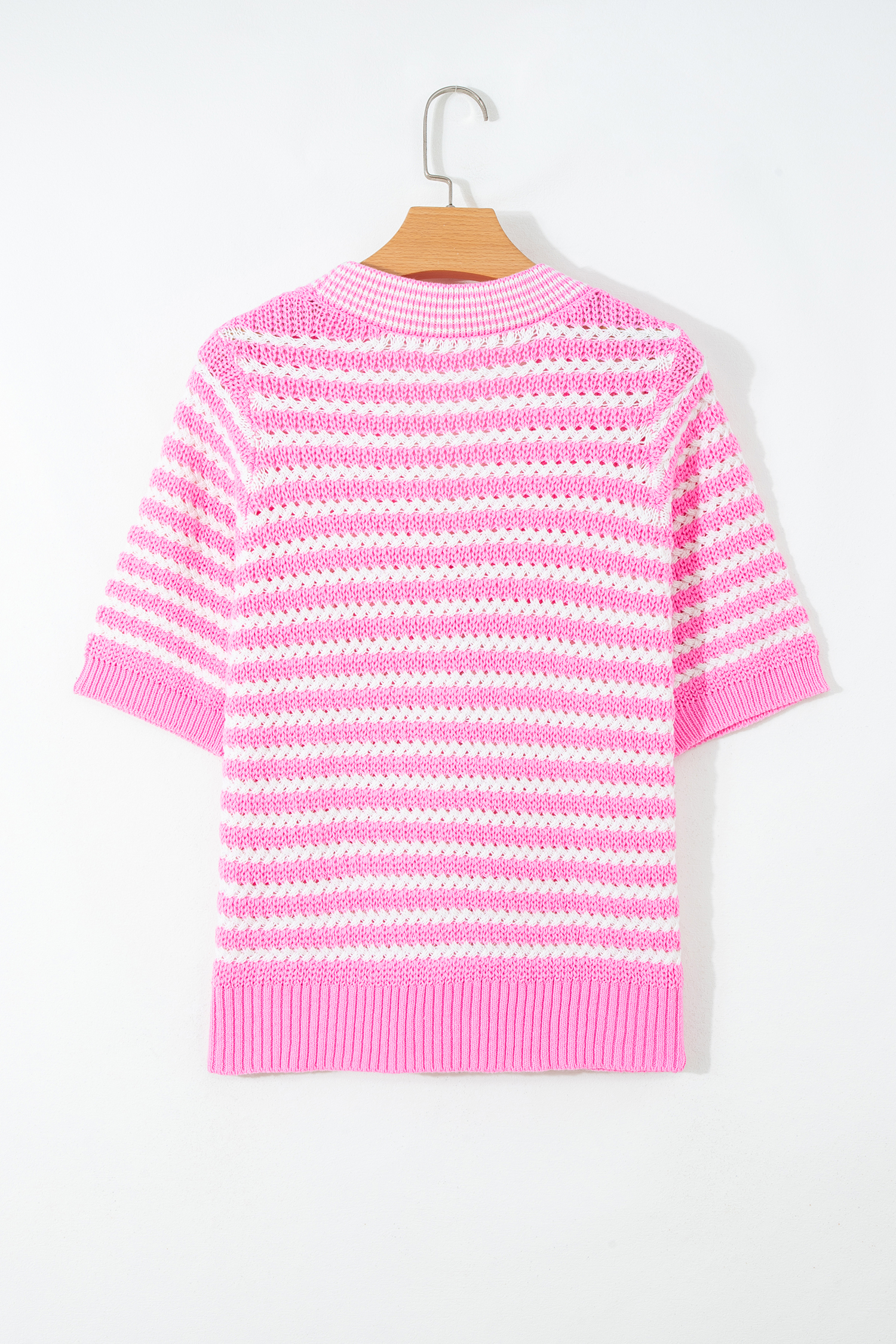 Pink Stripe Short Sleeve Knit V Neck Bow Knot Sweater - Image 5