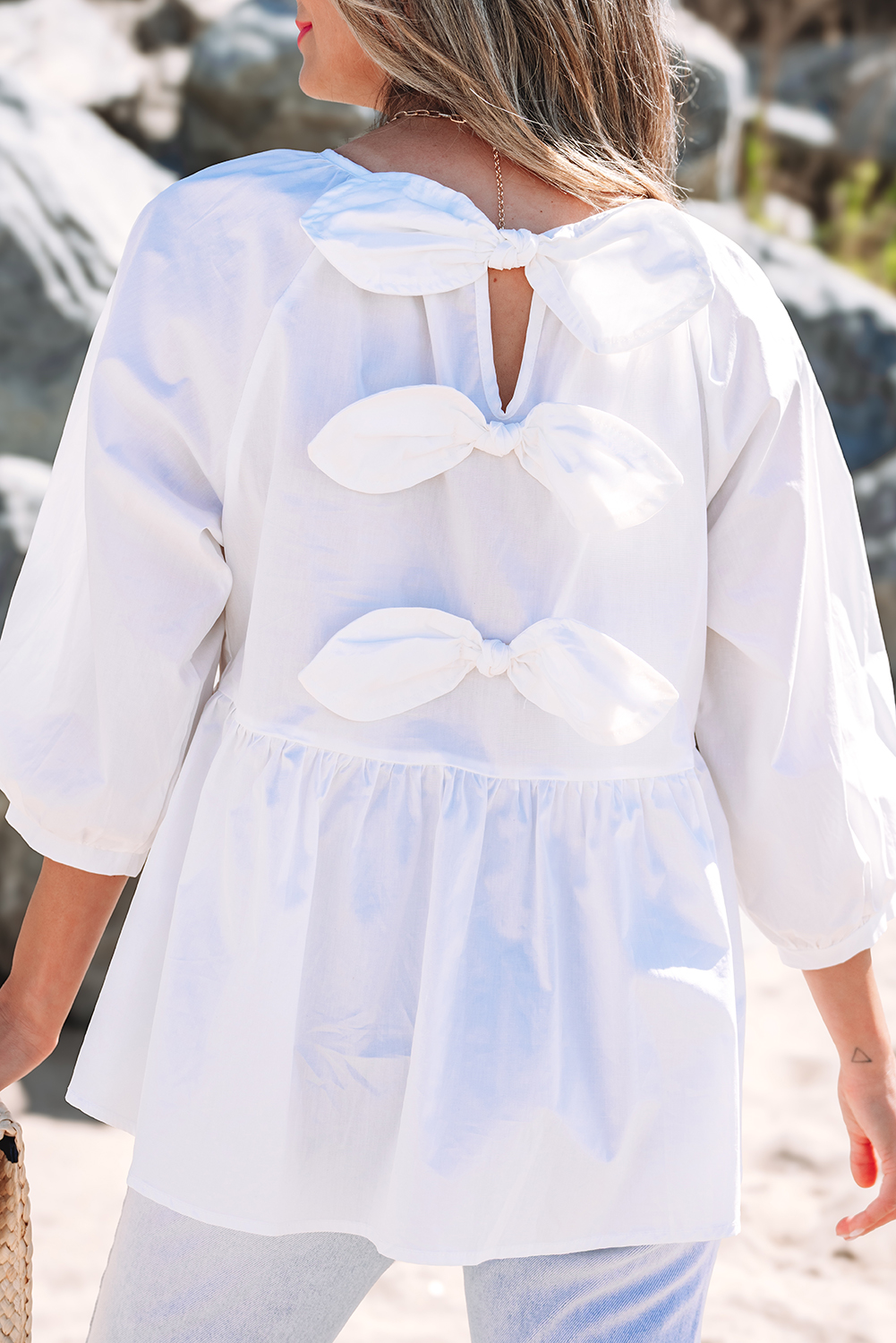 White Bow Knot Cutout Back Loose Fit 3/4 Sleeve Blouse - Image 7