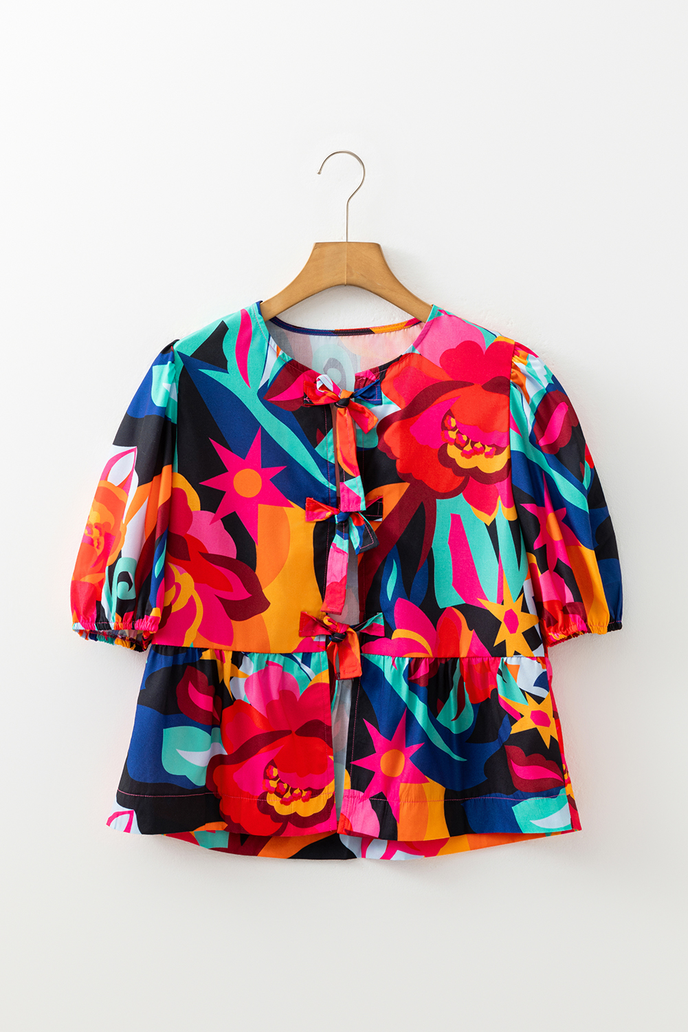Red Abstract Floral Print Front Tied Puff Sleeve Babydoll Blouse - Image 6