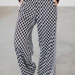 White Checkerboard Drawstring Waist Casual Pants