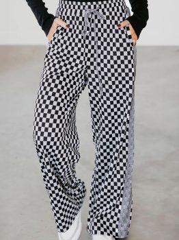 White Checkerboard Drawstring Waist Casual Pants