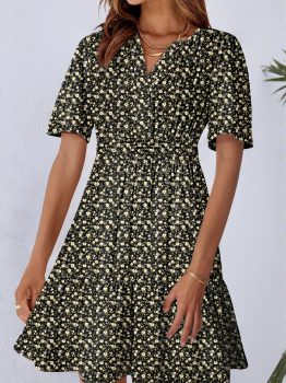 Black Floral Print Wrap V Neck Short Sleeve High Waistband Mini Dress