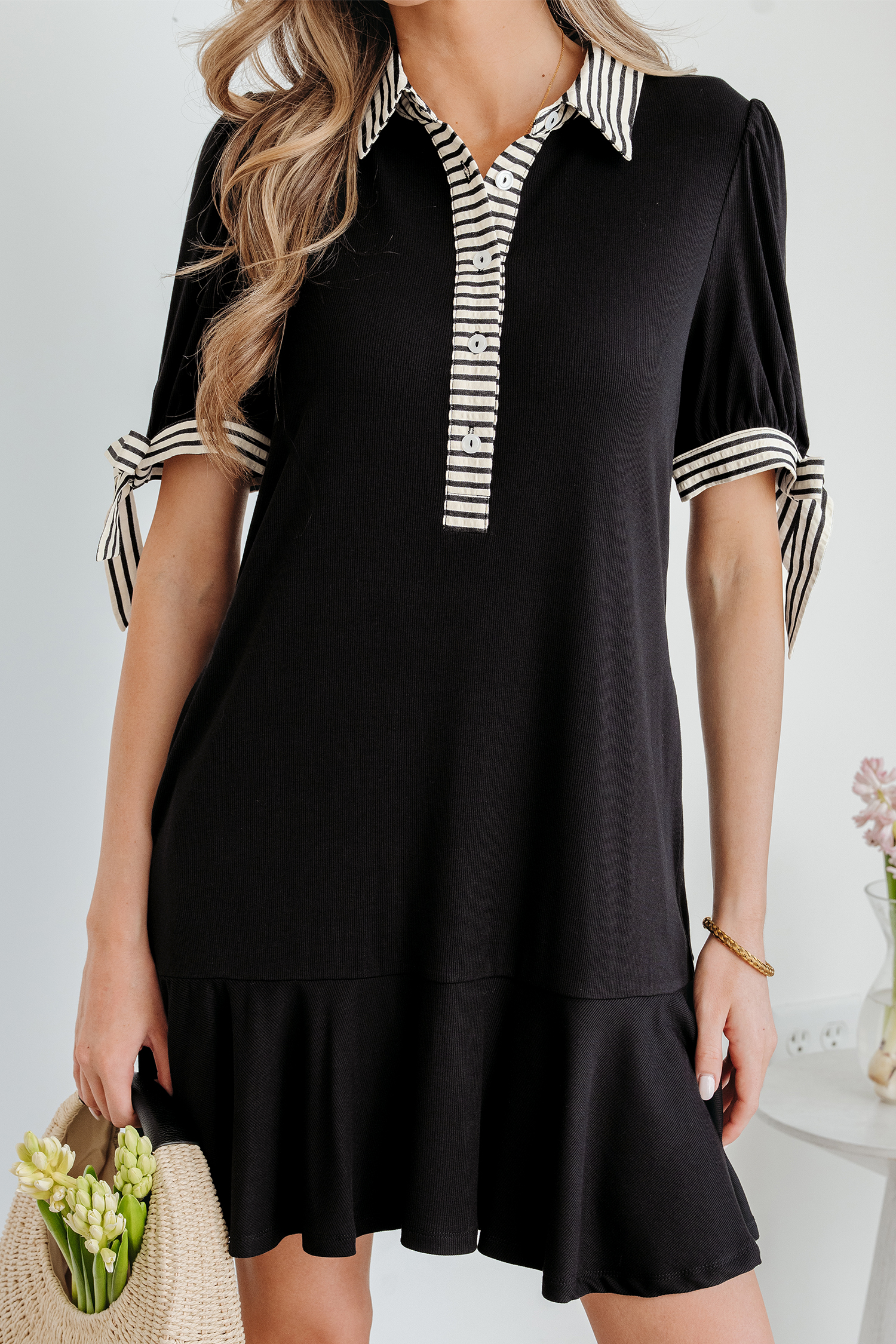 Black Stripe Detail Polo Collar Half Buttons Tied Short Sleeve Shift Mini Dress - Image 8