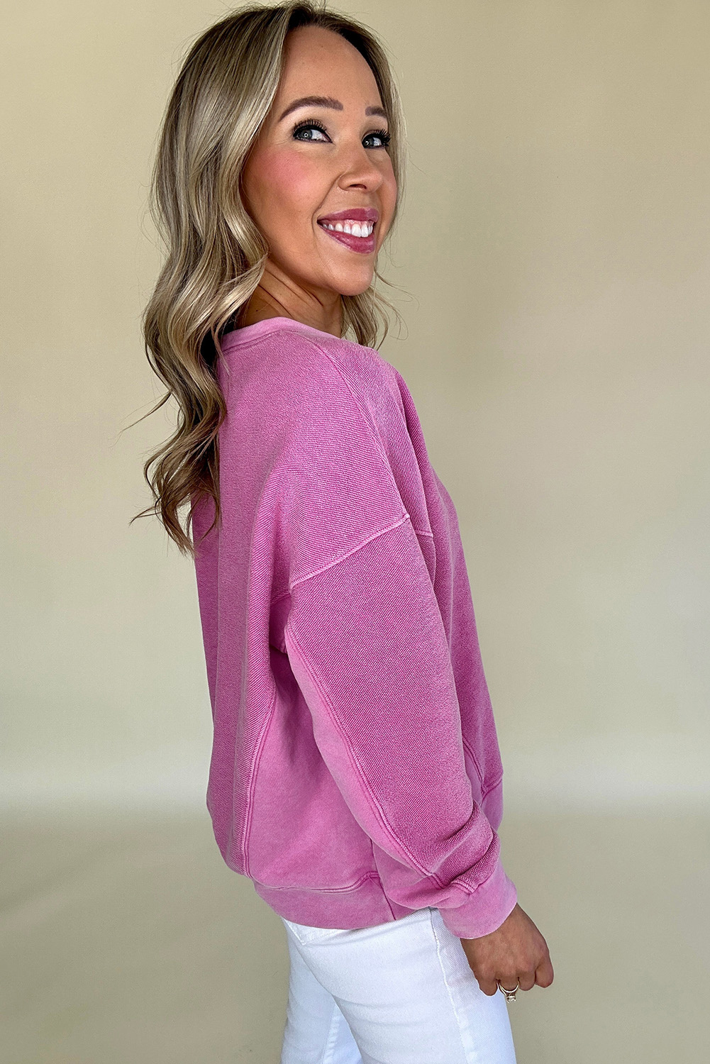 Bright Pink Solid Color Notched Neck Drop Shoulder Sweatshirt - Image 3