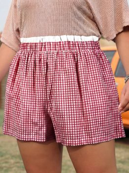 Red Contrast Trim Plaid Print Plus Size Shorts