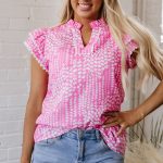 Pink Abstract Print Ric Rac Trim Flutter Sleeve Notch V Neck Blouse