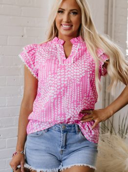 Pink Abstract Print Ric Rac Trim Flutter Sleeve Notch V Neck Blouse