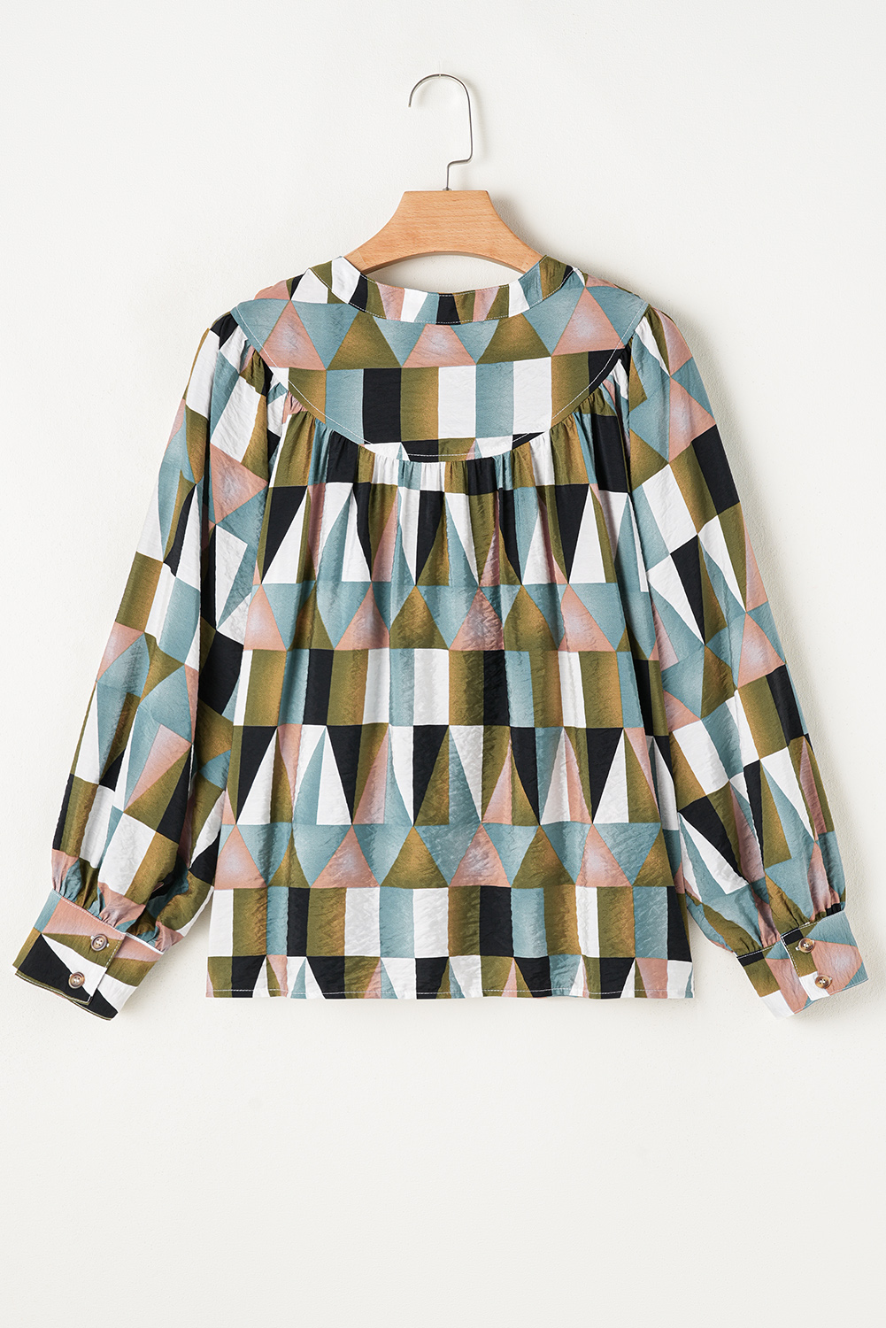 Green Geometric Print Buttoned Balloon Sleeve Loose Fit Shirt - Image 7