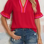 Fiery Red Striped Frilled Collar Ruffled Short Sleeve Blouse