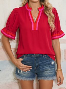 Fiery Red Striped Frilled Collar Ruffled Short Sleeve Blouse