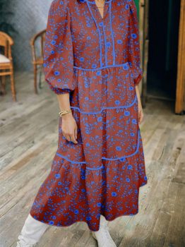 Brown 3/4 Puff Sleeve Tiered Loose Floral Dress