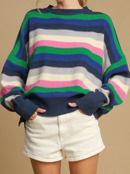 Bright Green Rainbow Striped Crew Neck Drop Shoulder Sweater