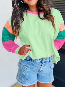 Green Colorblock Patchwork Long Sleeve Loose Top