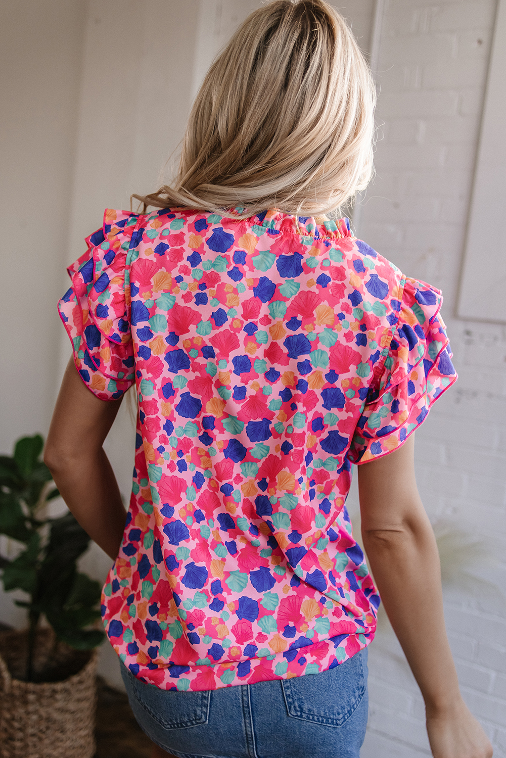 Rose Red Abstract Print Ruffled Sleeve V Neck Blouse - Image 2