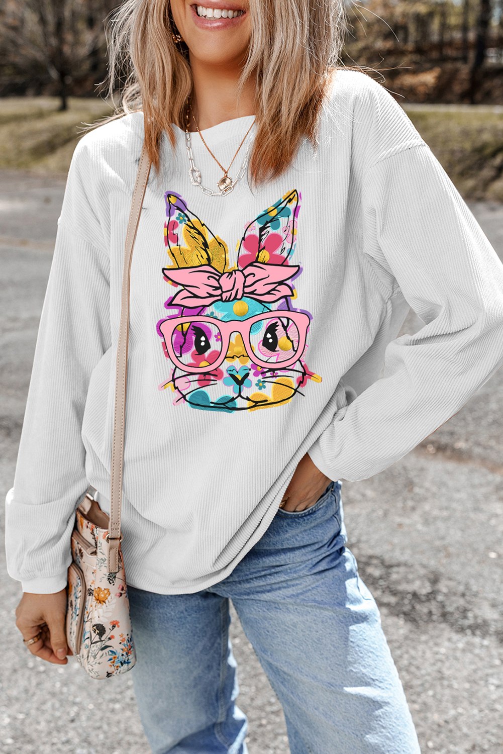 White Floral Rabbit with Glasses Graphic Corded Easter Sweatshirt - Image 5