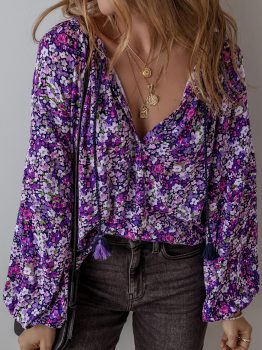 Purple Boho Flower Split V Neck Bubble Sleeve Blouse