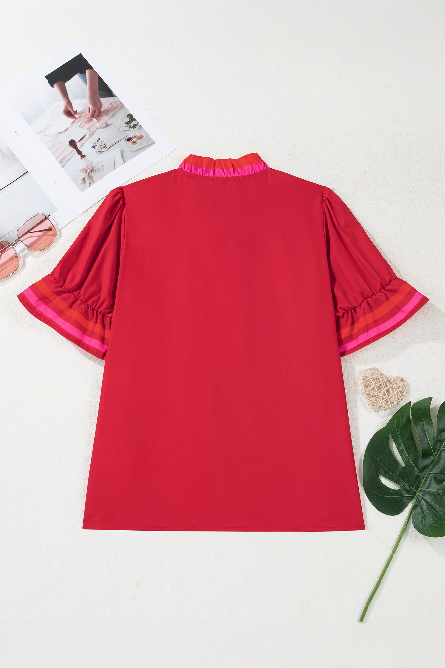 Fiery Red Striped Frilled Collar Ruffled Short Sleeve Blouse - Image 3