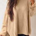Apricot Cable Knit Drop Shoulder Side Slits Loose Sweater