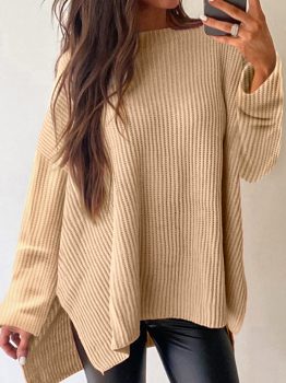 Apricot Cable Knit Drop Shoulder Side Slits Loose Sweater