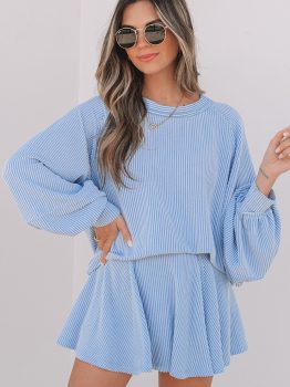 Sky Blue Corded Lantern Sleeve Top High Waist Ruffled Mini Skort Set
