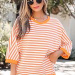 Orange Stripe 3/4 Sleeve Exposed Seam Patchwork Pullover Top