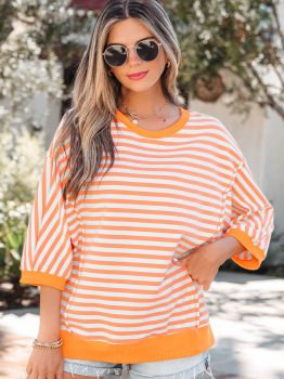 Orange Stripe 3/4 Sleeve Exposed Seam Patchwork Pullover Top