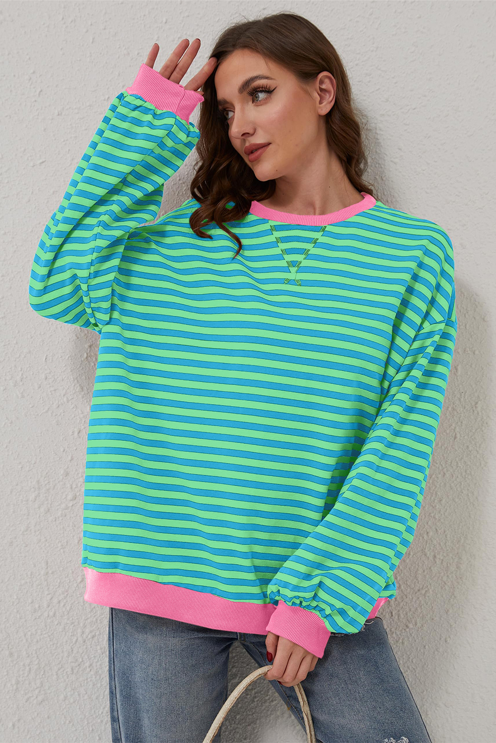 Sky Blue Stripe Oversized Contrast Trim Pullover Sweatshirt - Image 6