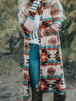 Multicolor Geometric Color Block Open Front Long Cardigan
