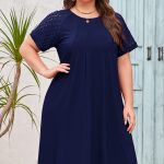 Navy Blue Plus Size Solid Color Lace Short Sleeve Pleated Swing Dress