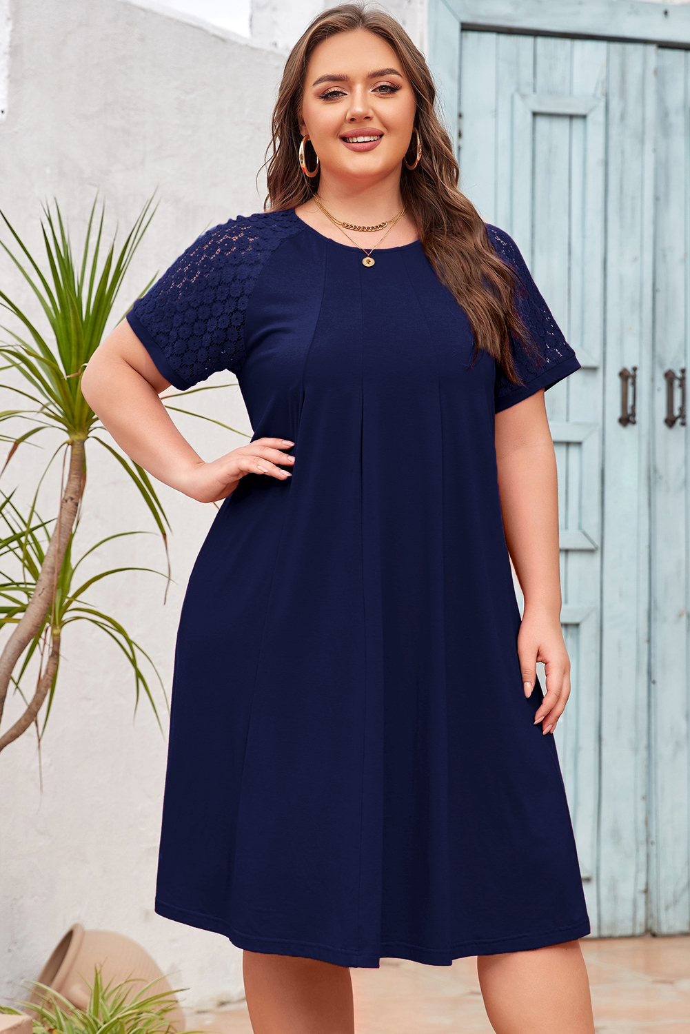 Navy Blue Plus Size Solid Color Lace Short Sleeve Pleated Swing Dress