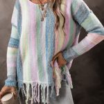 Purple Color Block Fringed Drop Shoulder Tunic Sweater