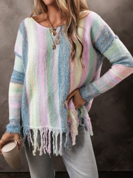 Purple Color Block Fringed Drop Shoulder Tunic Sweater