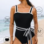 Black Colorblock Edge Belted One Piece Swimsuit